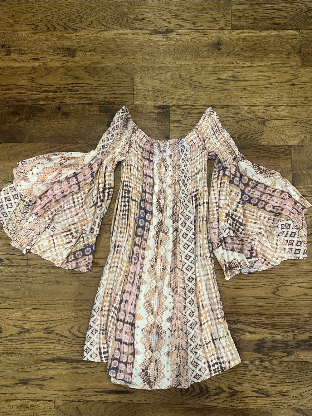 ILLA ILLA Off-Shoulder Bell Sleeve Mini Dress in Blush, Cream & Tan